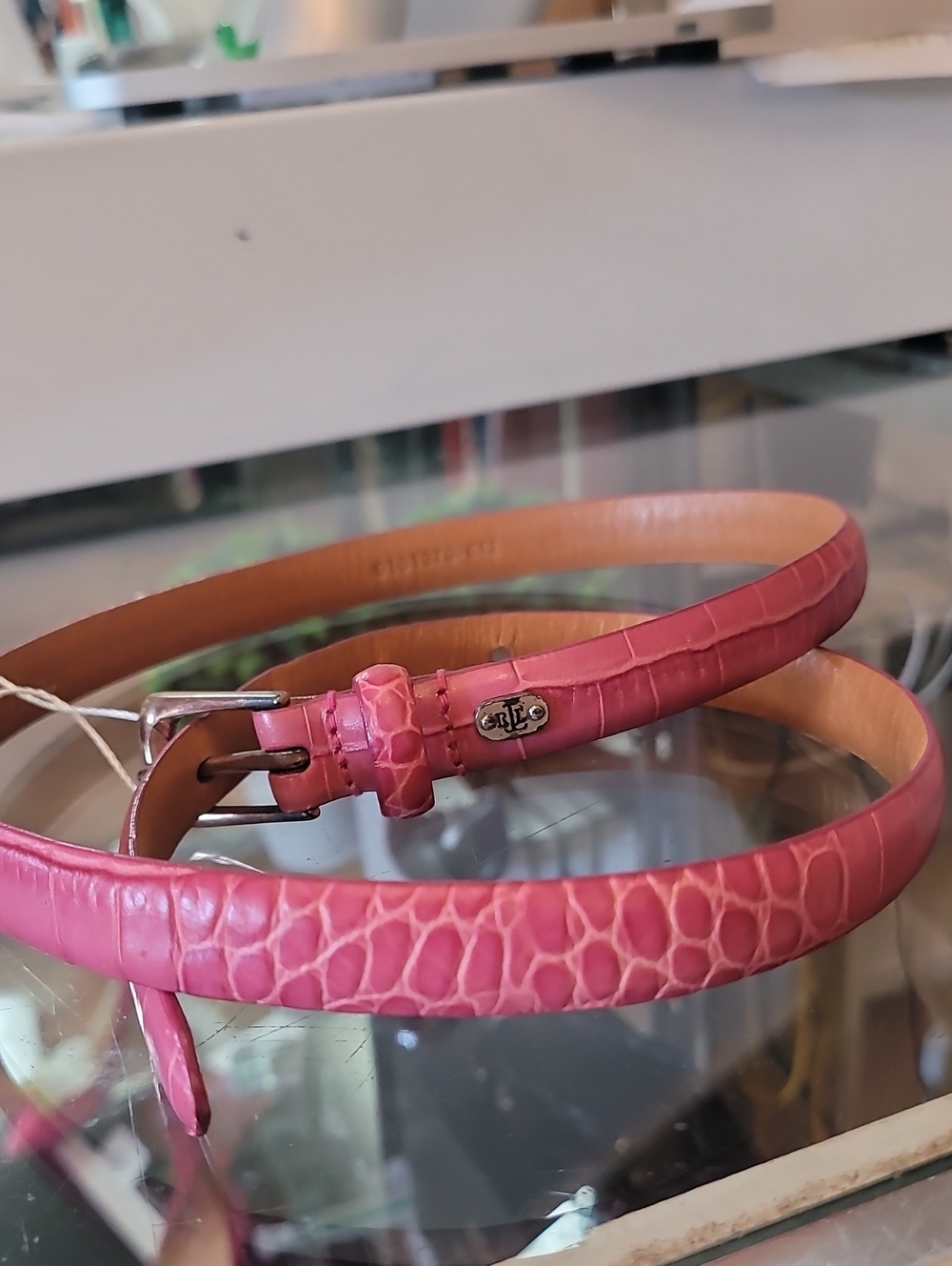 Lauren Ralph Lauren Pink Croc-Embossed Slim Leather Belt